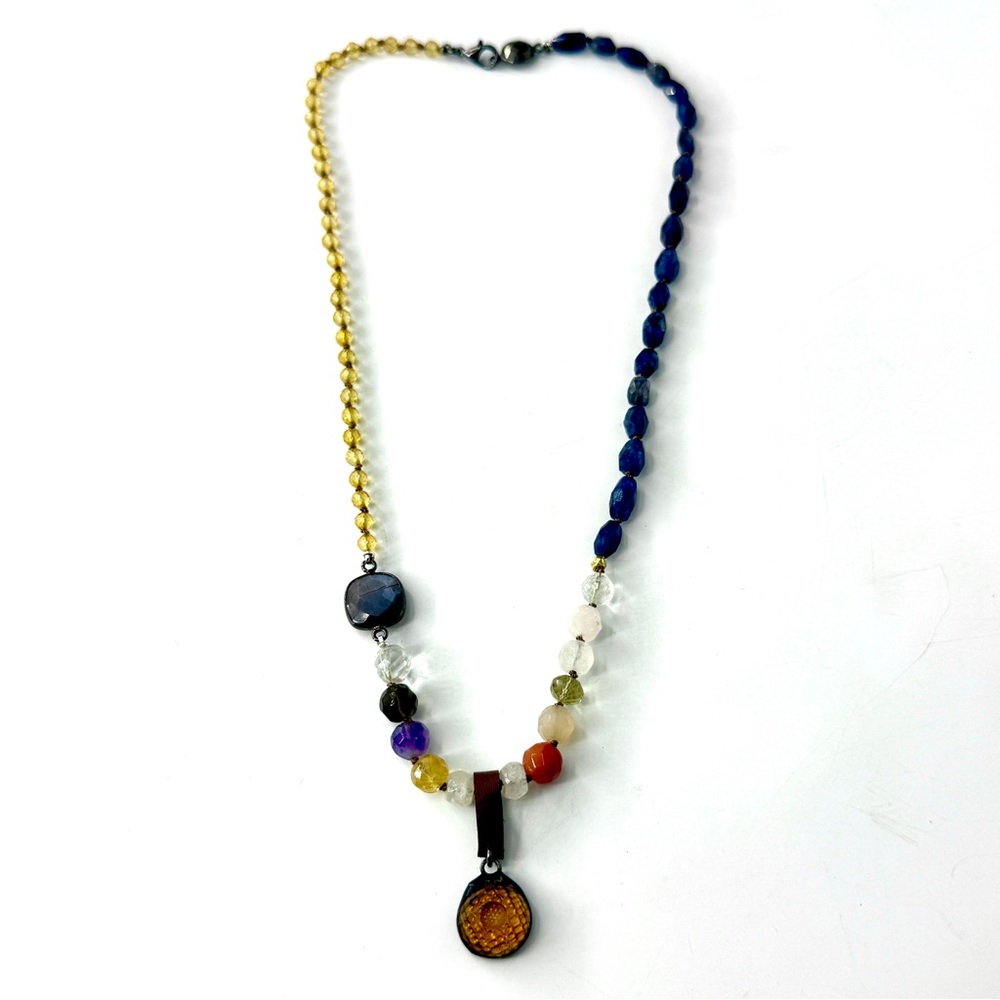 Vintage Amber Glass Pendant, Multi Colored Citrine Necklace, Summer Necklace